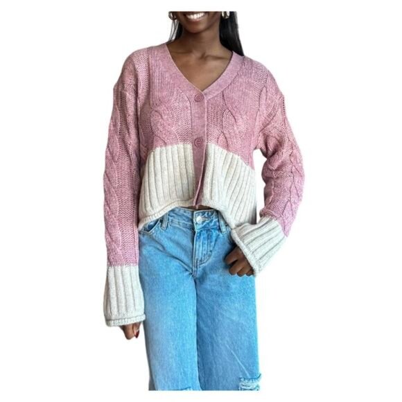 Promesa Pink and Cream Colorblock Cable Knit Sweater Cardigan - Picture 14 of 16